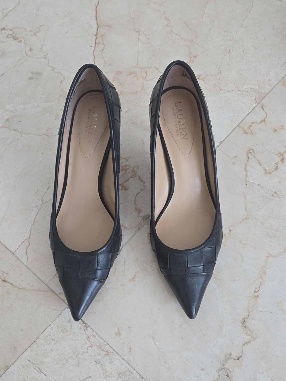 Lauren Ralph Lauren Black Leather Pointed Toe Woven Leather Heels Sz 8.5